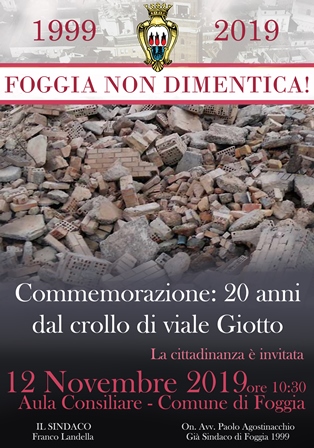 Foggia , 11 novembre 1999-2019, la tragedia di  Viale Giotto